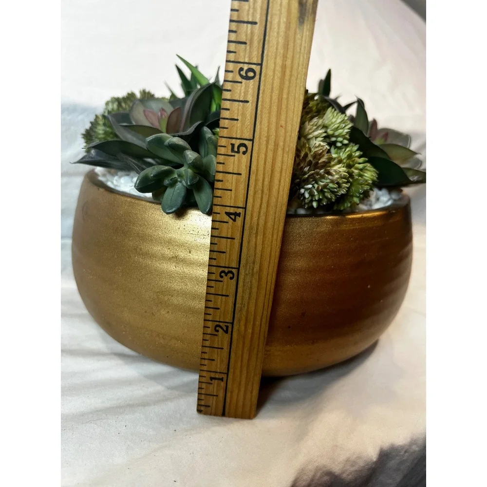 Artificial Succulent‎ Arrangement in Gold Metallic Ceramic Bowl Faux Centerpiece